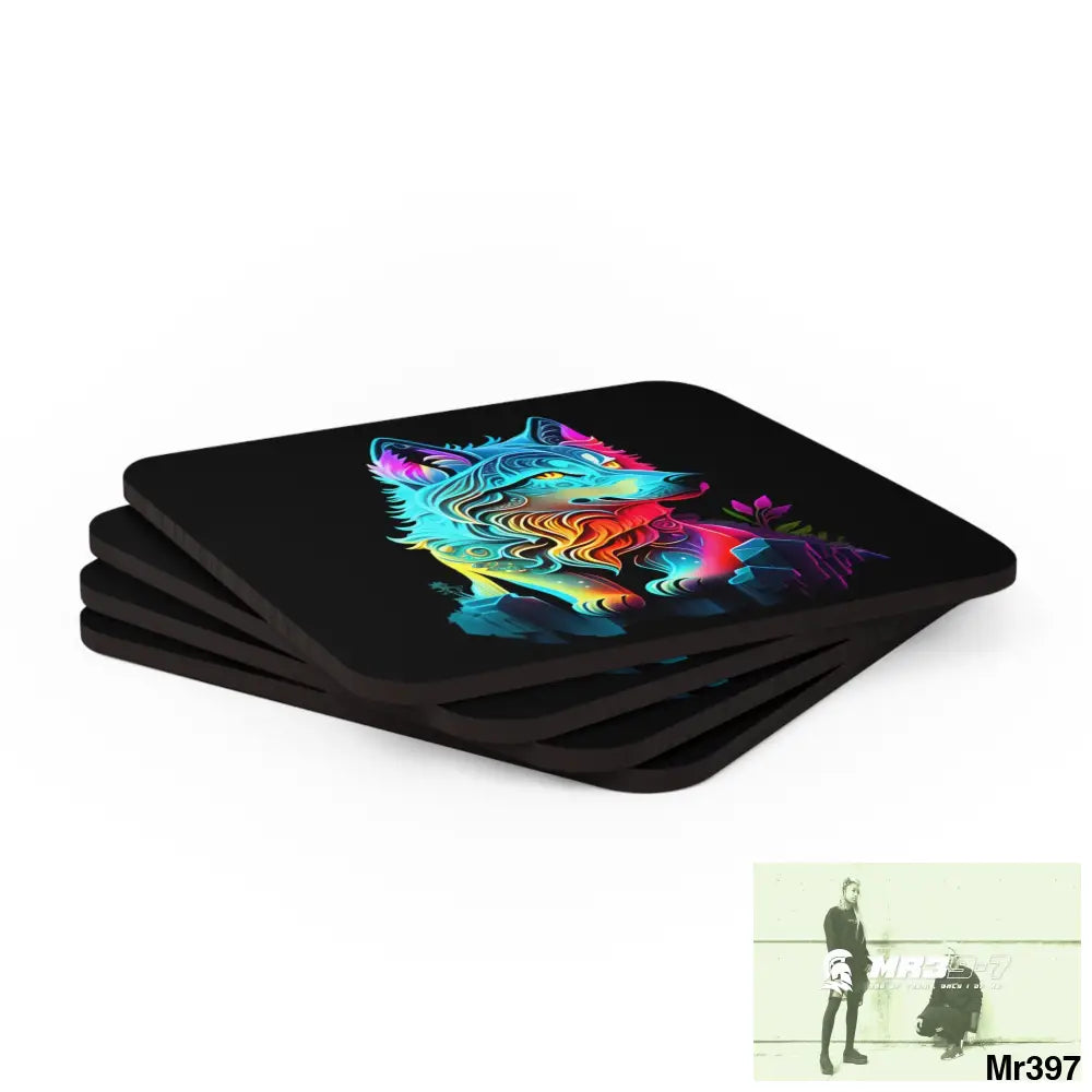 Colourful Glowing Wolf Corkwood Coaster Set Cork / 3.75’’ × 3.75’’ / Square Home Decor