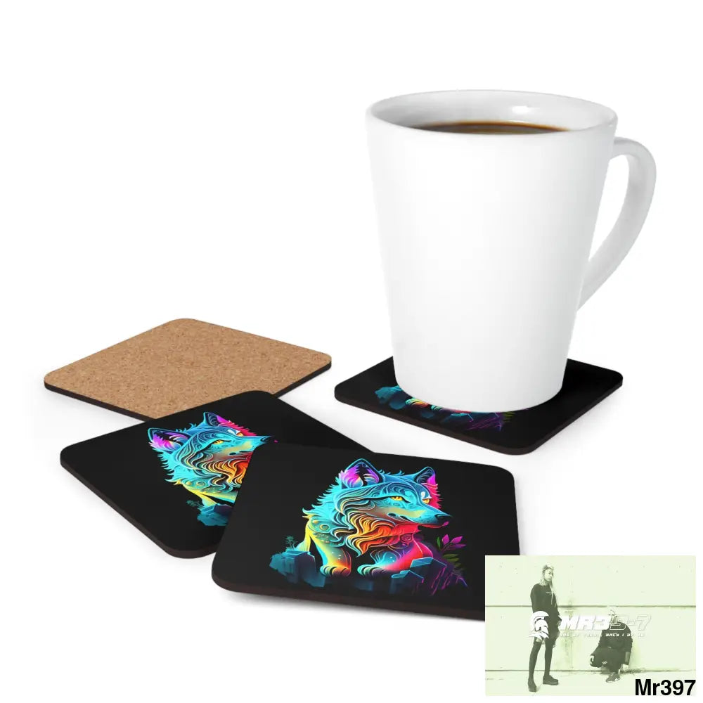 Colourful Glowing Wolf Corkwood Coaster Set Cork / 3.75’’ × 3.75’’ / Square Home Decor