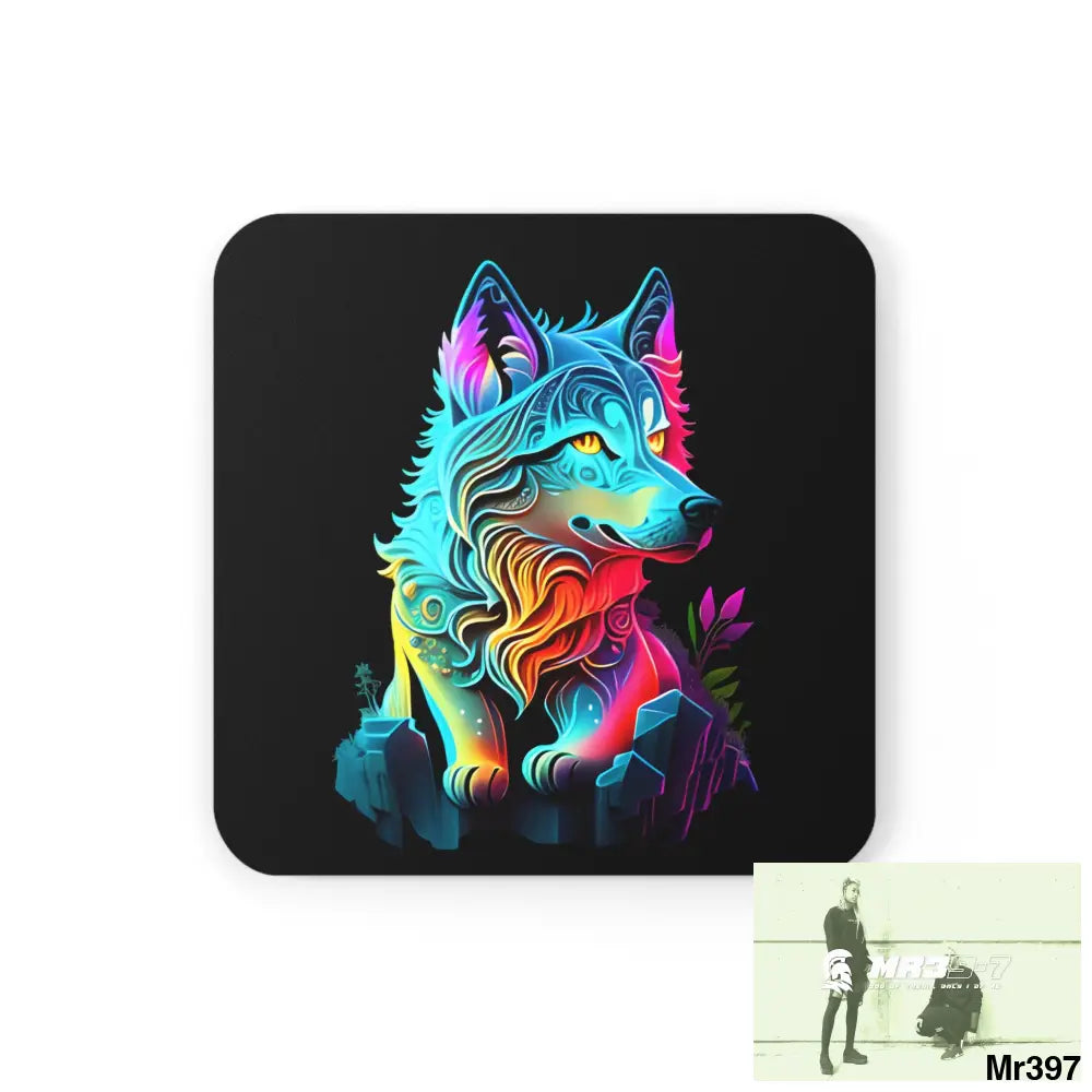 Colourful Glowing Wolf Corkwood Coaster Set Cork / 3.75’’ × 3.75’’ / Square Home Decor