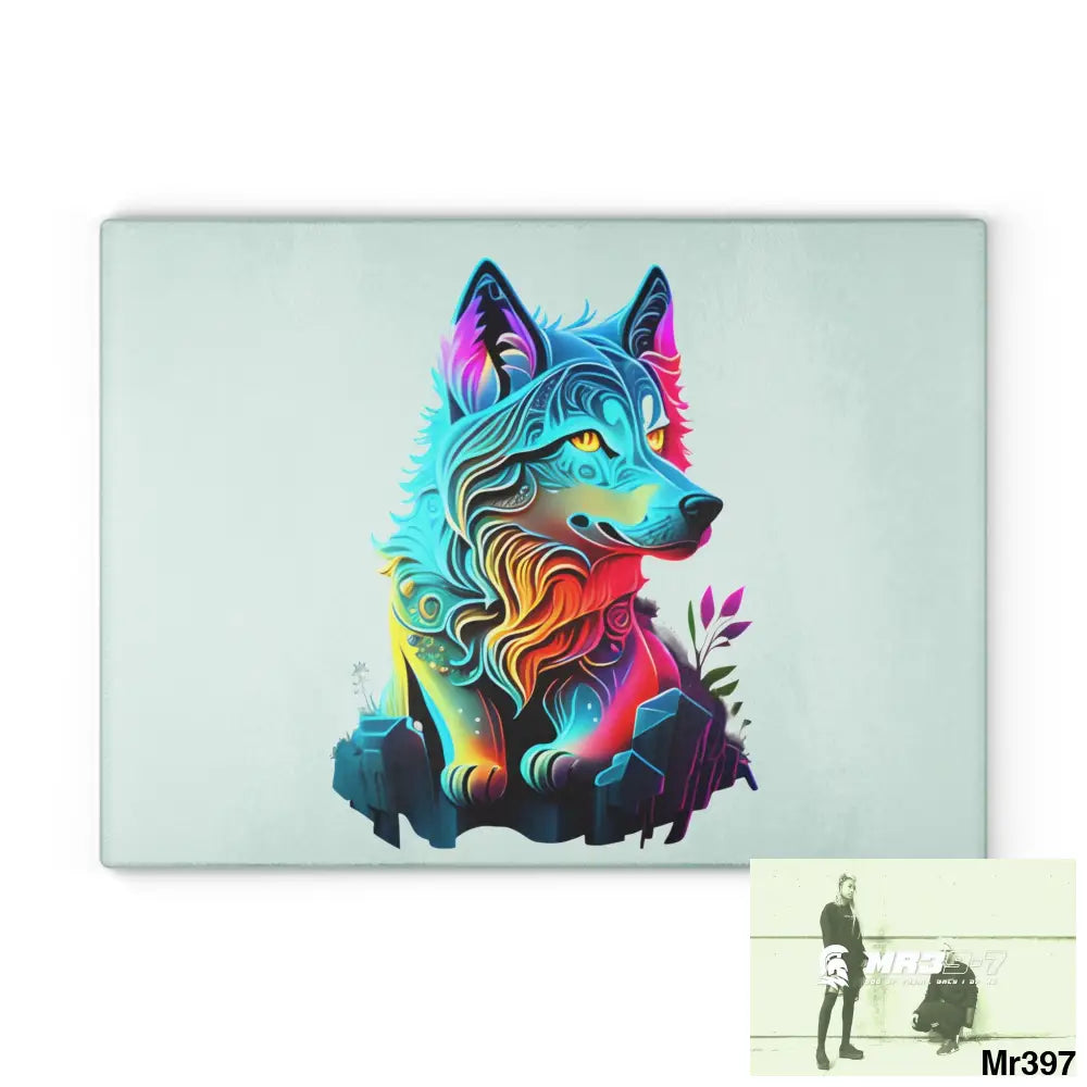 Colourful glowing Wolf Glass Cutting Board 11’’ x 15’’ / Rectangle Home Decor