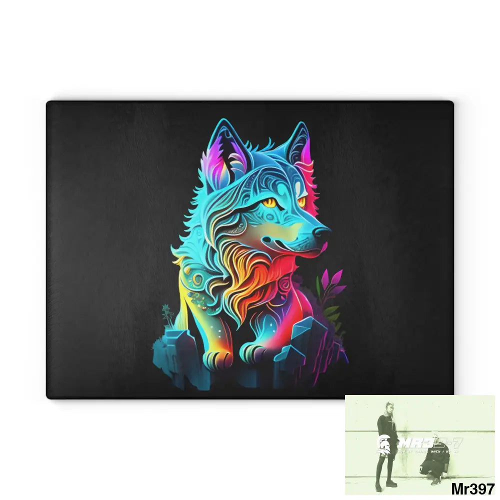 Colourful glowing Wolf Glass Cutting Board 11’’ x 15’’ / Rectangle Home Decor