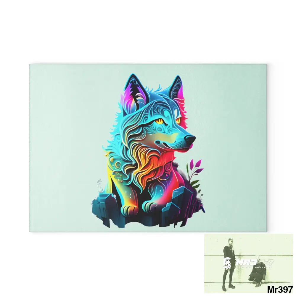 Colourful glowing Wolf Glass Cutting Board 8’’ x 11’’ / Rectangle Home Decor