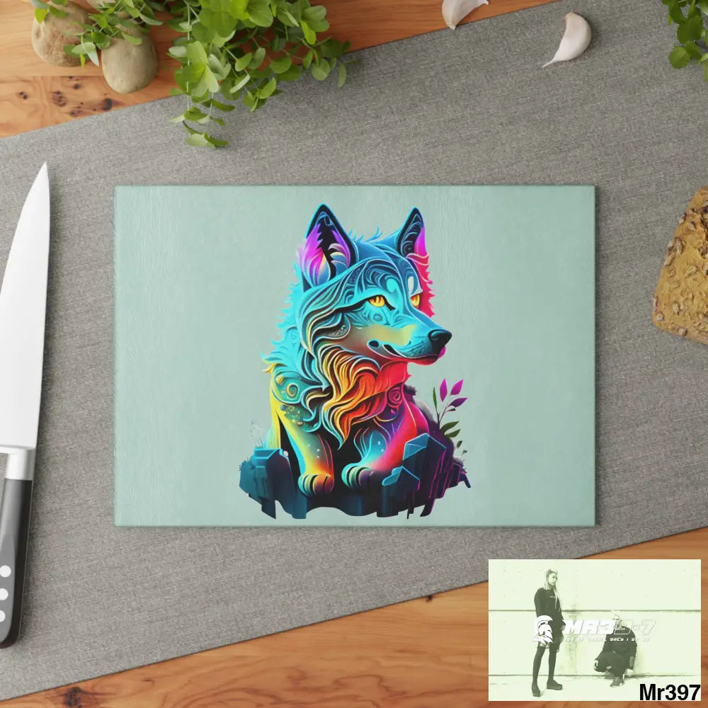 Colourful glowing Wolf Glass Cutting Board Home Decor
