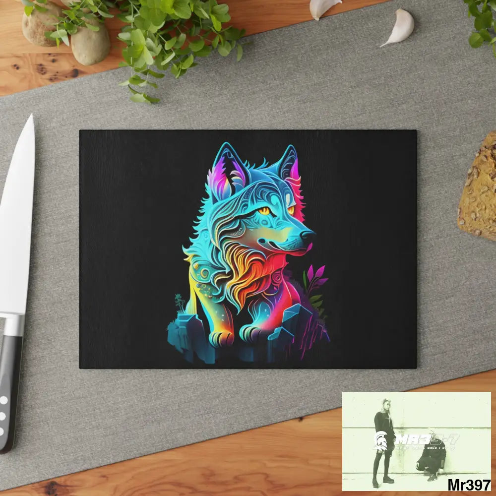 Colourful glowing Wolf Glass Cutting Board Home Decor