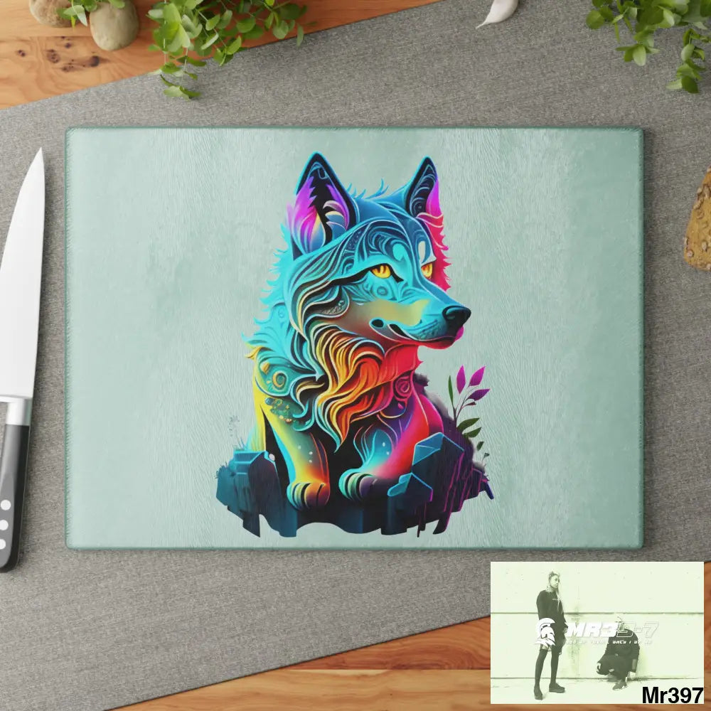 Colourful glowing Wolf Glass Cutting Board Home Decor