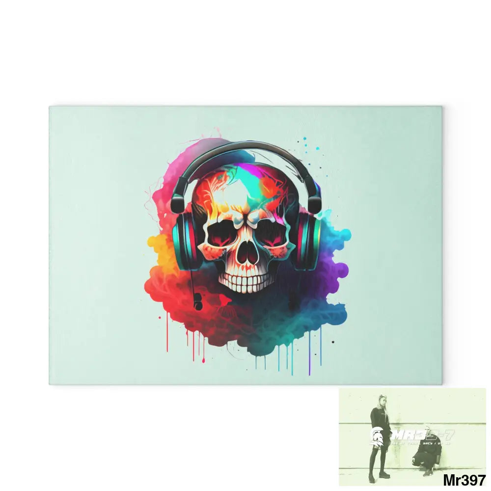 Colourful Skull Painted Headphones Glass Cutting Board 8’’ x 11’’ / Rectangle Home Decor