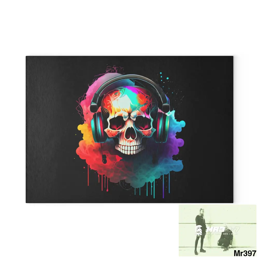 Colourful Skull Painted Headphones Glass Cutting Board 8’’ x 11’’ / Rectangle Home Decor