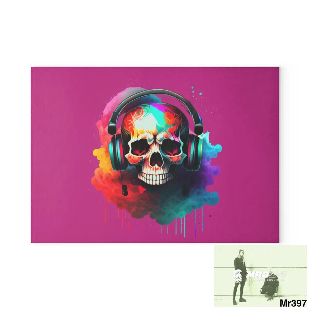 Colourful Skull Painted Headphones Glass Cutting Board 8’’ x 11’’ / Rectangle Home Decor