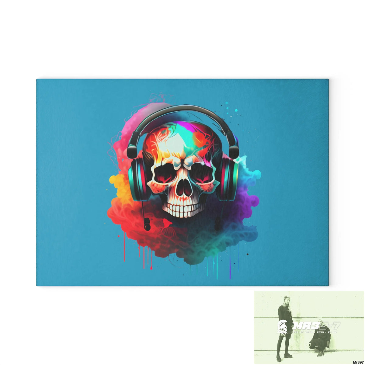 Colourful Skull Painted Headphones Glass Cutting Board 8’’ x 11’’ / Rectangle Home Decor