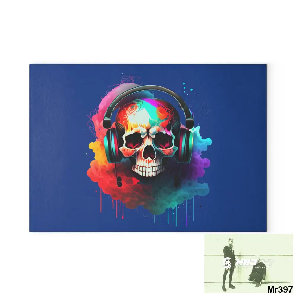 Colourful Skull Painted Headphones Glass Cutting Board 8’’ x 11’’ / Rectangle Home Decor