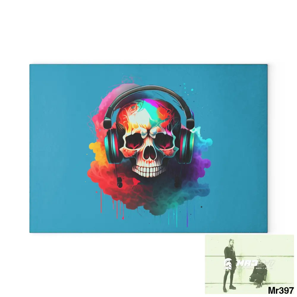Colourful Skull Painted Headphones Glass Cutting Board 8’’ x 11’’ / Rectangle Home Decor