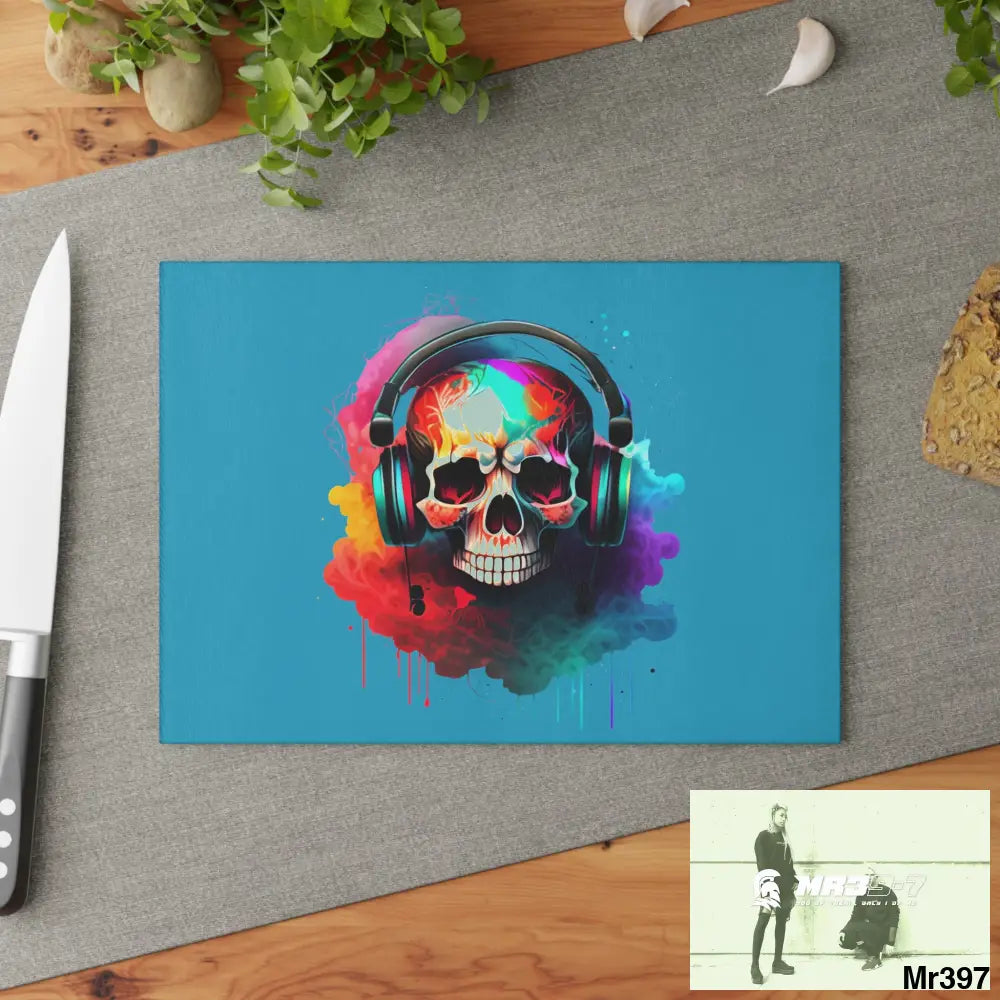 Colourful Skull Painted Headphones Glass Cutting Board Home Decor