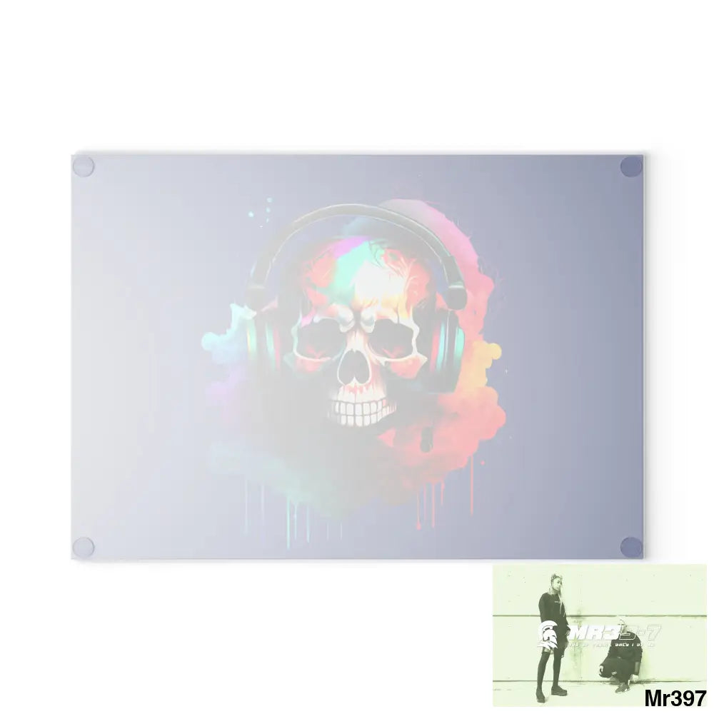 Colourful Skull Painted Headphones Glass Cutting Board Home Decor