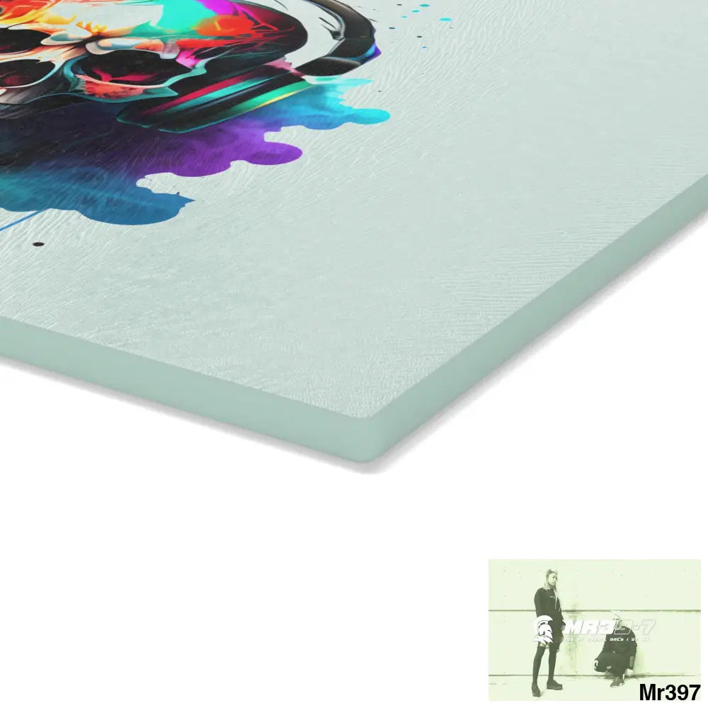 Colourful Skull Painted Headphones Glass Cutting Board Home Decor