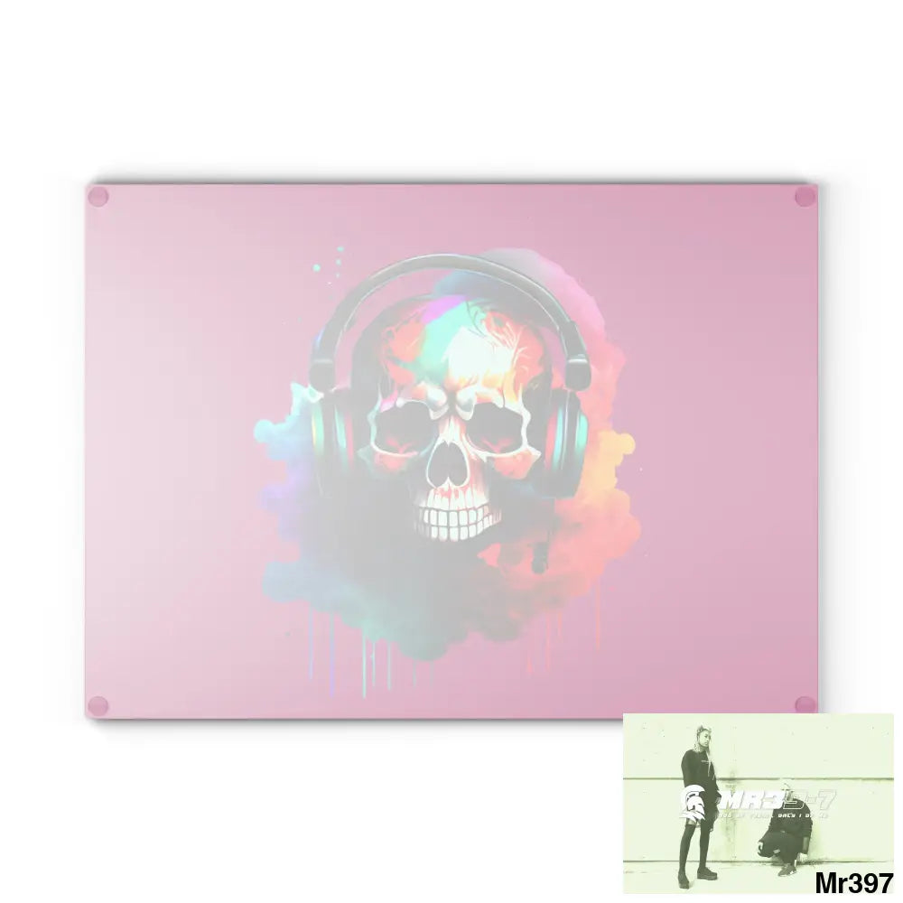 Colourful Skull Painted Headphones Glass Cutting Board Home Decor