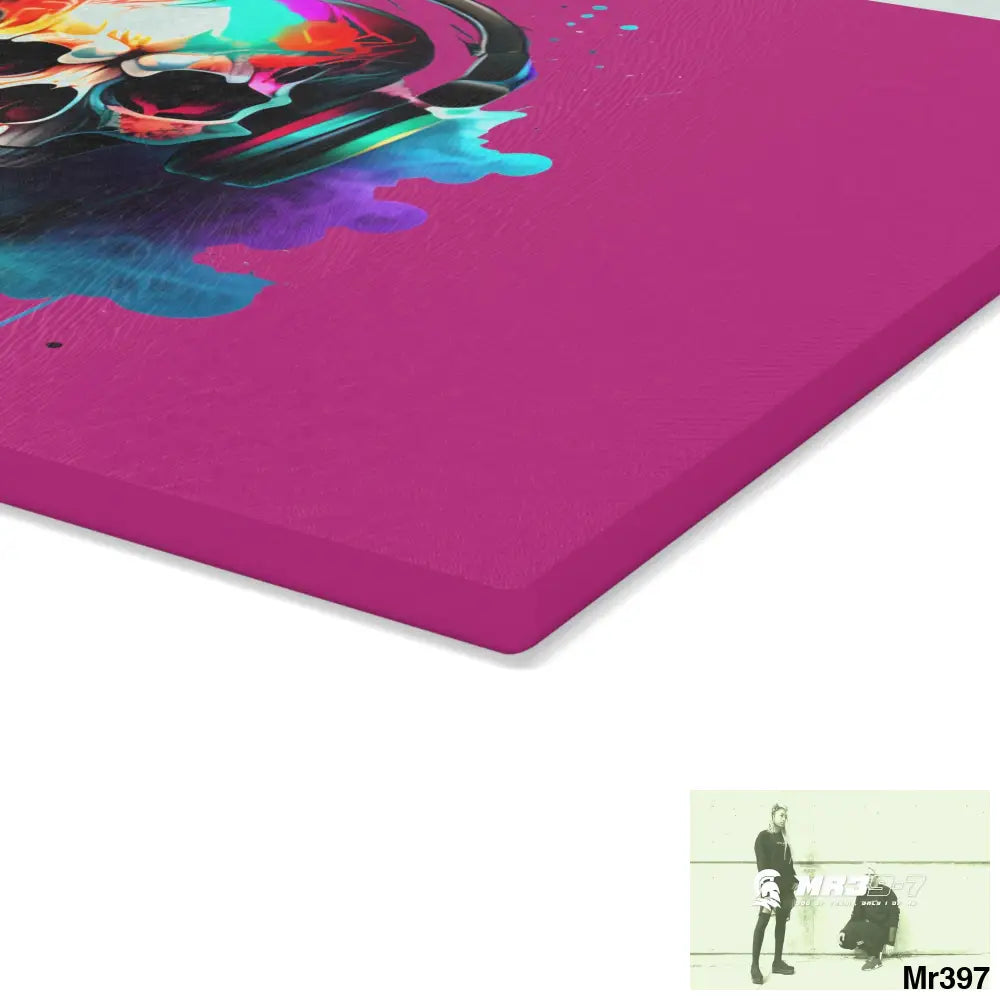Colourful Skull Painted Headphones Glass Cutting Board Home Decor