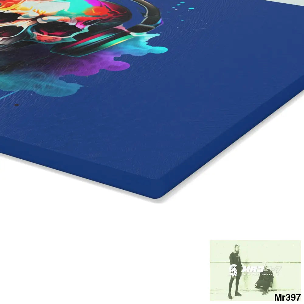 Colourful Skull Painted Headphones Glass Cutting Board Home Decor