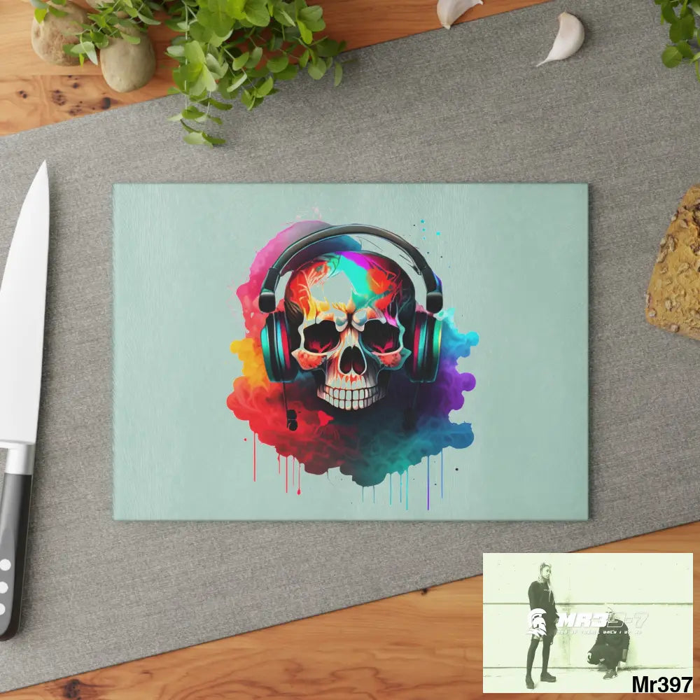 Colourful Skull Painted Headphones Glass Cutting Board Home Decor