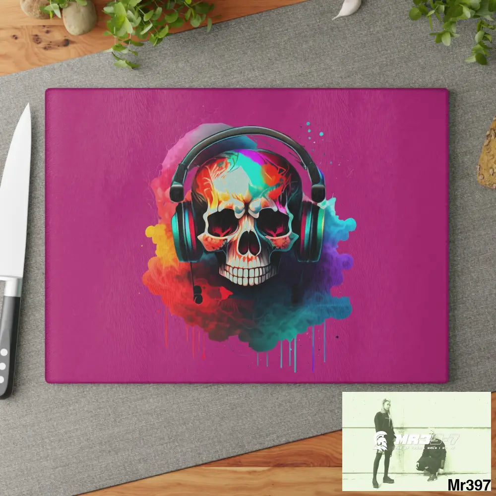 Colourful Skull Painted Headphones Glass Cutting Board Home Decor