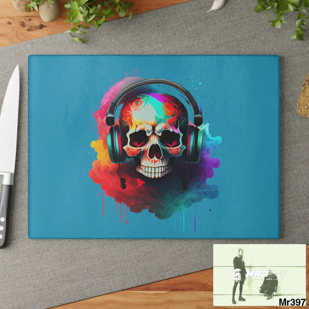 Colourful Skull Painted Headphones Glass Cutting Board Home Decor