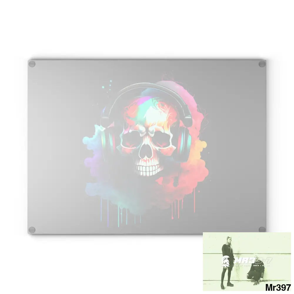 Colourful Skull Painted Headphones Glass Cutting Board Home Decor