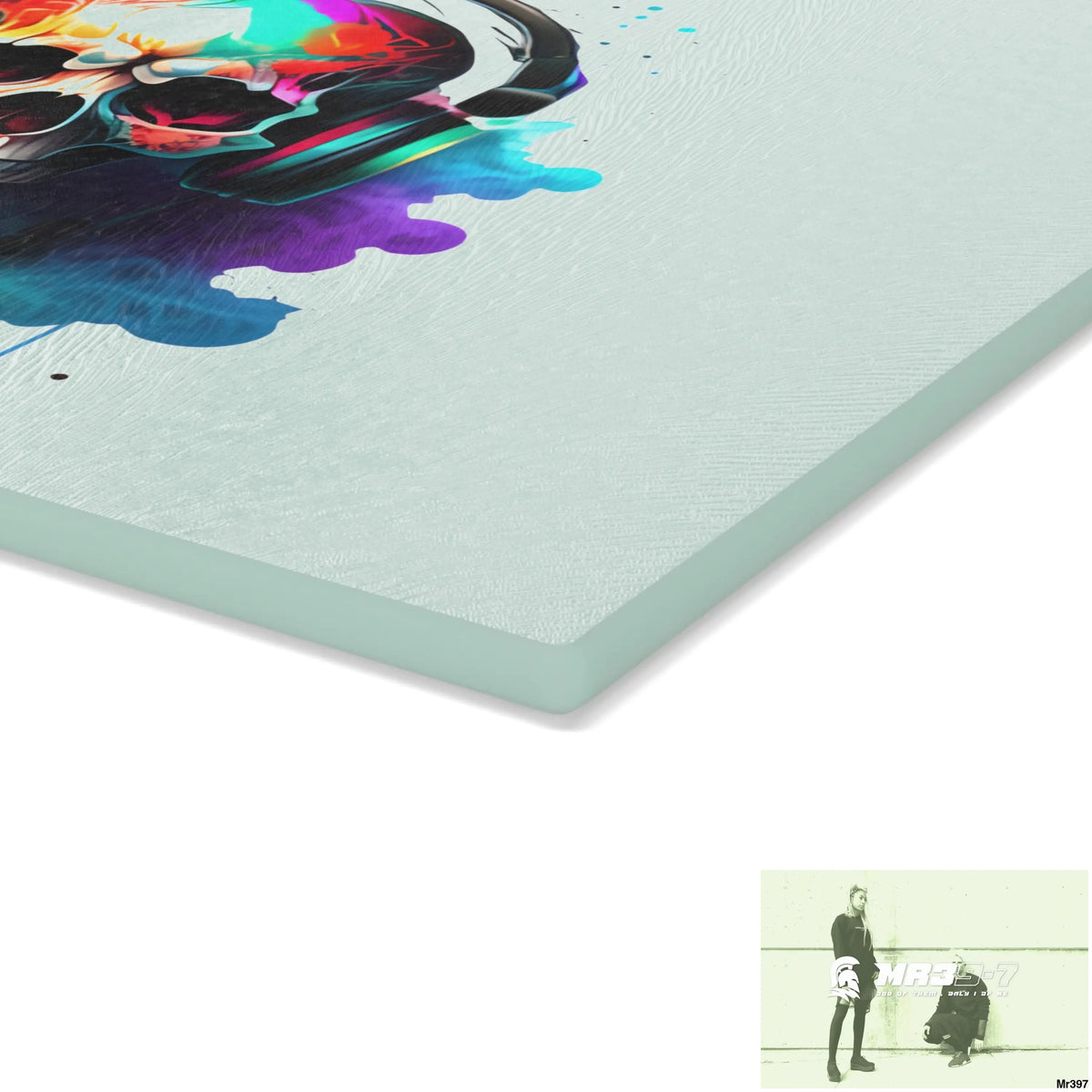 Colourful Skull Painted Headphones Glass Cutting Board Home Decor