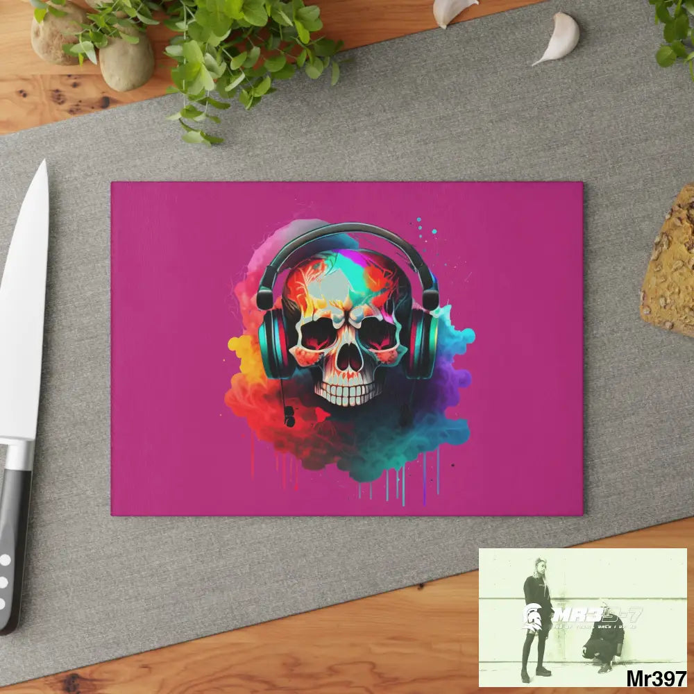 Colourful Skull Painted Headphones Glass Cutting Board Home Decor