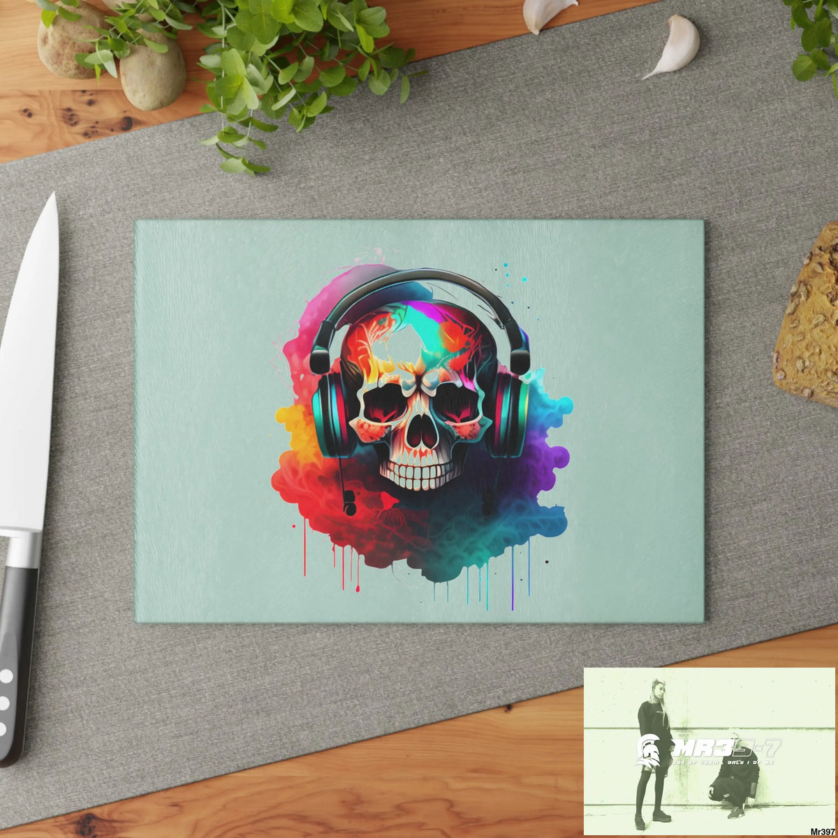 Colourful Skull Painted Headphones Glass Cutting Board Home Decor