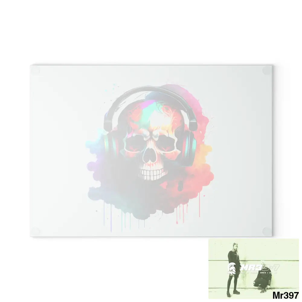 Colourful Skull Painted Headphones Glass Cutting Board Home Decor
