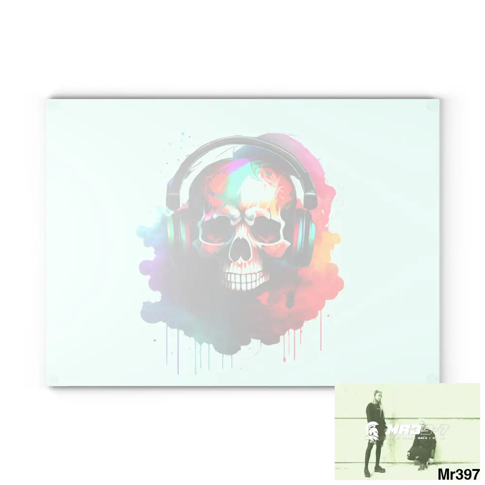 Colourful Skull Painted Headphones Glass Cutting Board Home Decor