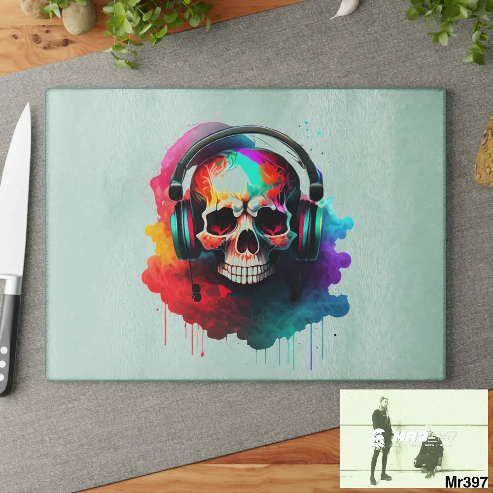 Colourful Skull Painted Headphones Glass Cutting Board Home Decor