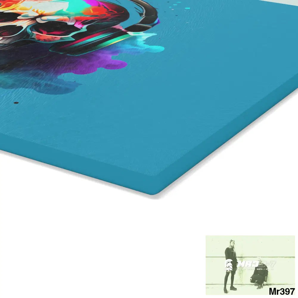 Colourful Skull Painted Headphones Glass Cutting Board Home Decor
