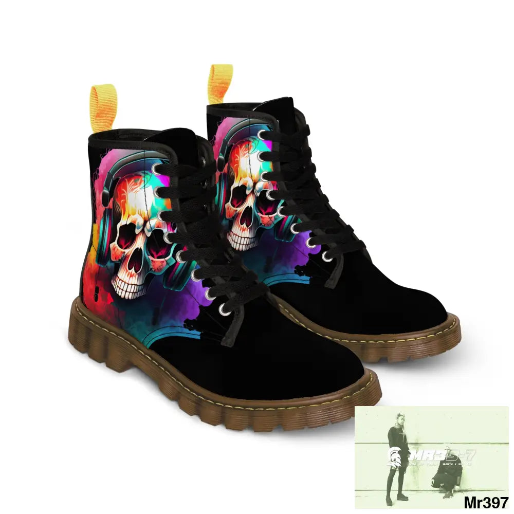 Colourful Skull with headphones Women’s Canvas Boots Shoes
