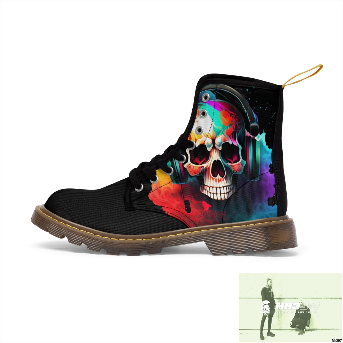 Colourful Skull with headphones Women’s Canvas Boots Shoes