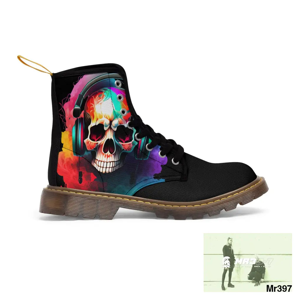 Colourful Skull with headphones Women’s Canvas Boots Shoes