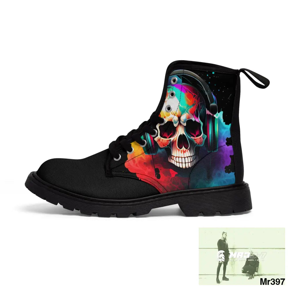 Colourful Skull with headphones Women’s Canvas Boots Shoes