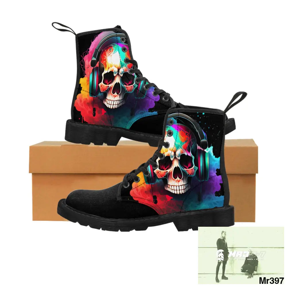 Colourful Skull with headphones Women’s Canvas Boots US 6.5 / Black sole Shoes