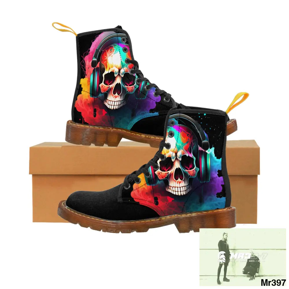 Colourful Skull with headphones Women’s Canvas Boots US 6.5 / Brown sole Shoes