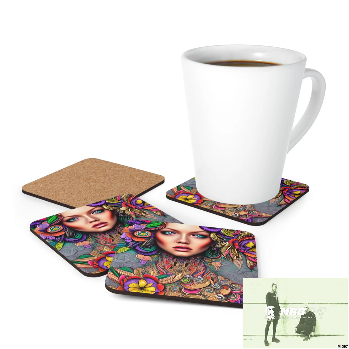 Colourful woman Corkwood Coaster Set Cork / 3.75’’ × 3.75’’ / Square Home Decor