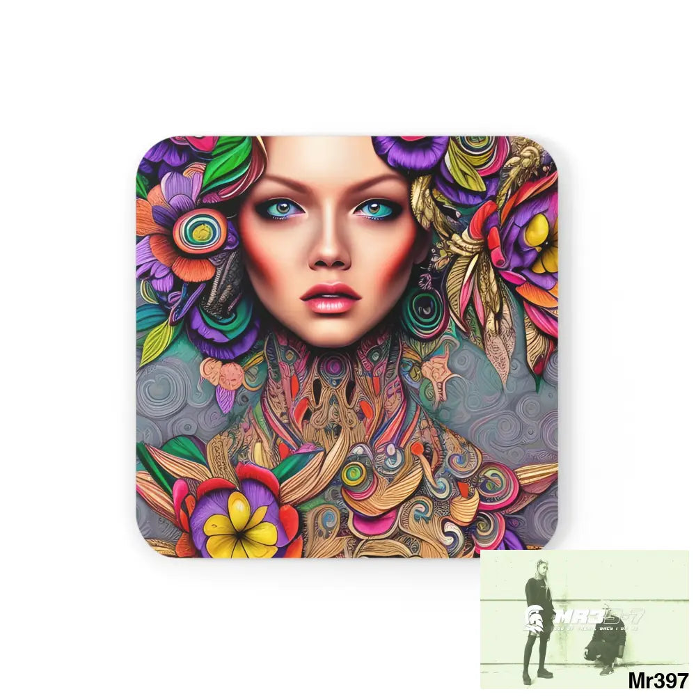 Colourful woman Corkwood Coaster Set Cork / 3.75’’ × 3.75’’ / Square Home Decor