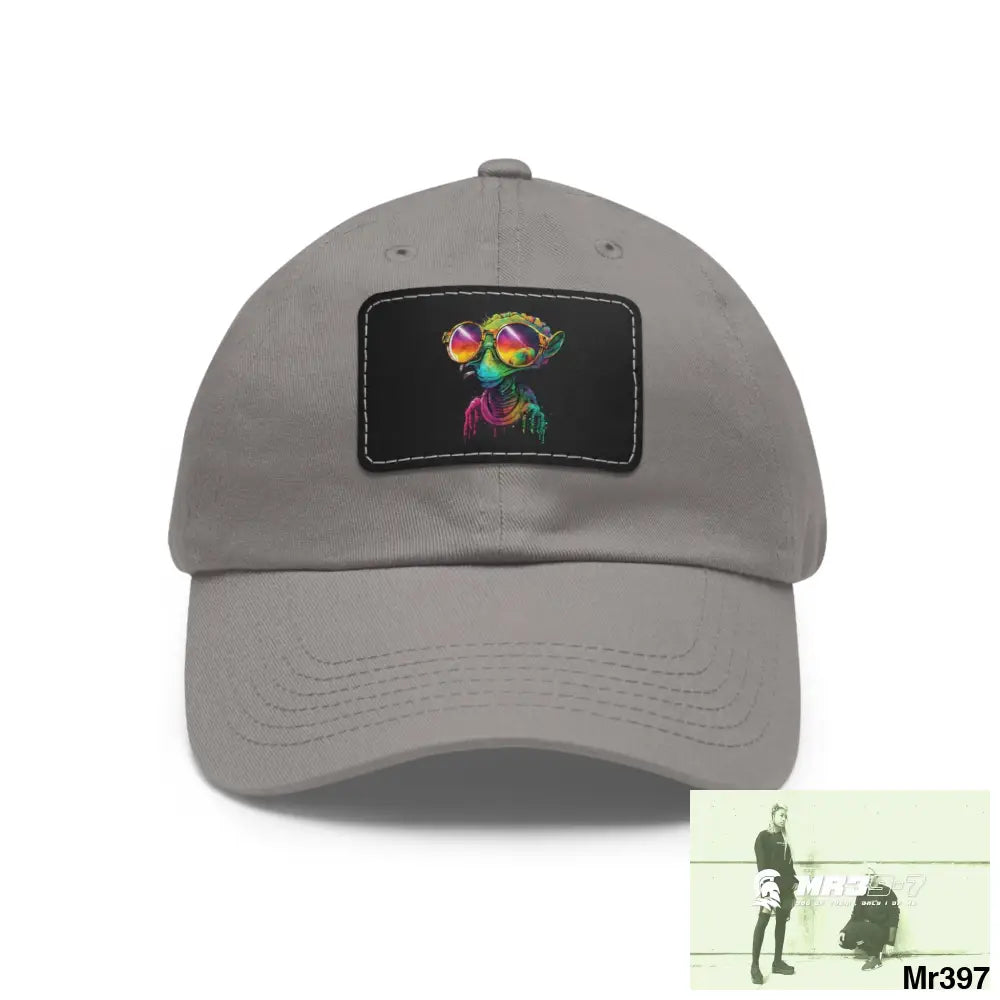 Cool Alien in shades Dad Hat with Leather Patch (Rectangle) Grey / Black patch / Rectangle / One size Hats