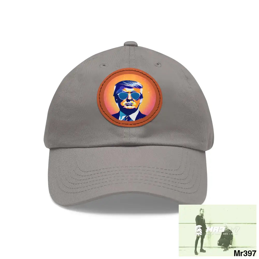 Cool Donald Trump in shades Dad Hat with Leather Patch (Round) Grey / Light Brown patch / Circle / One size Hats