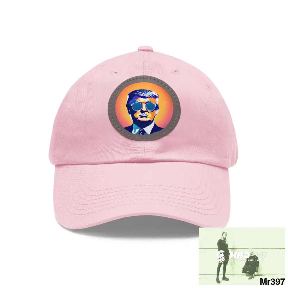 Cool Donald Trump in shades Dad Hat with Leather Patch (Round) Light Pink / Grey patch / Circle / One size Hats