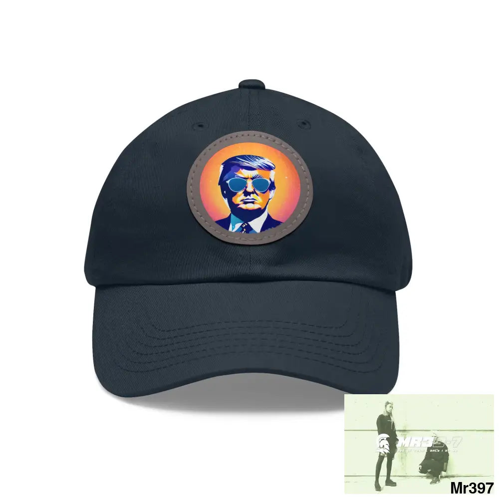 Cool Donald Trump in shades Dad Hat with Leather Patch (Round) Navy / Grey patch / Circle / One size Hats