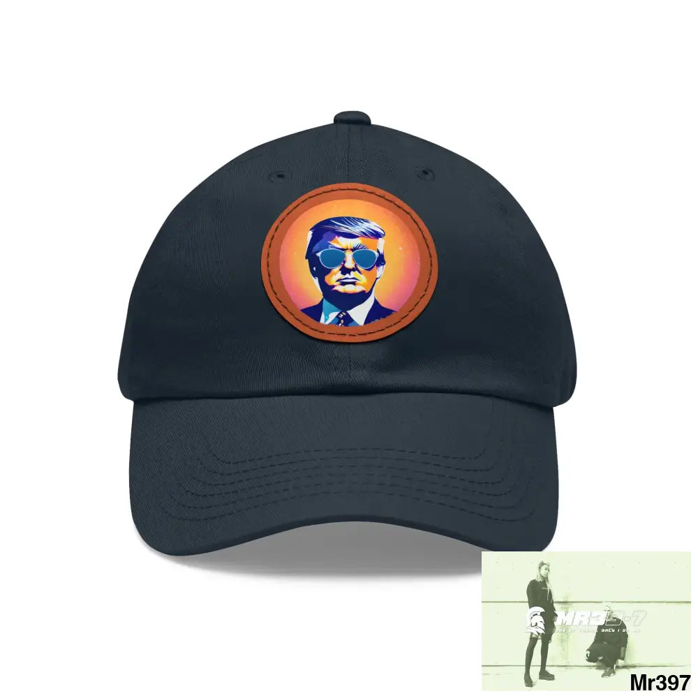 Cool Donald Trump in shades Dad Hat with Leather Patch (Round) Navy / Light Brown patch / Circle / One size Hats