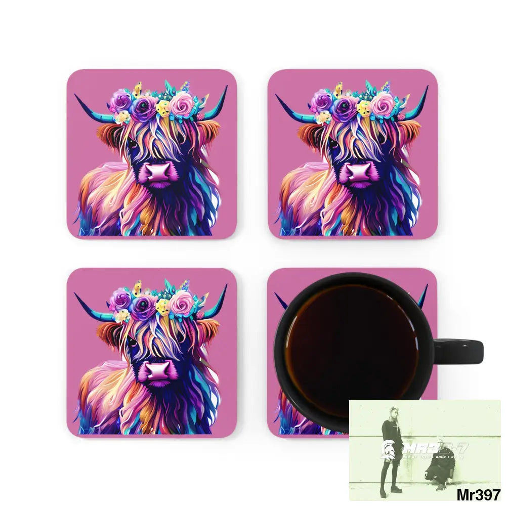 Copy of Baby Highland Cow with a Flower crown Corkwood Coaster Set Cork / 3.75’’ × 3.75’’ / Square Home Decor