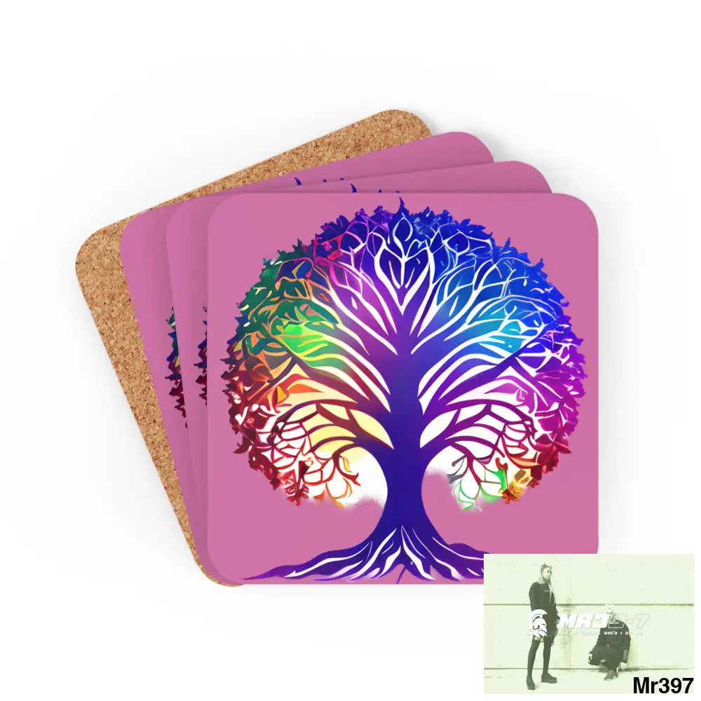 Copy of Multi coloured tree of life Corkwood Coaster Set Cork / 3.75’’ × 3.75’’ / Square Home Decor