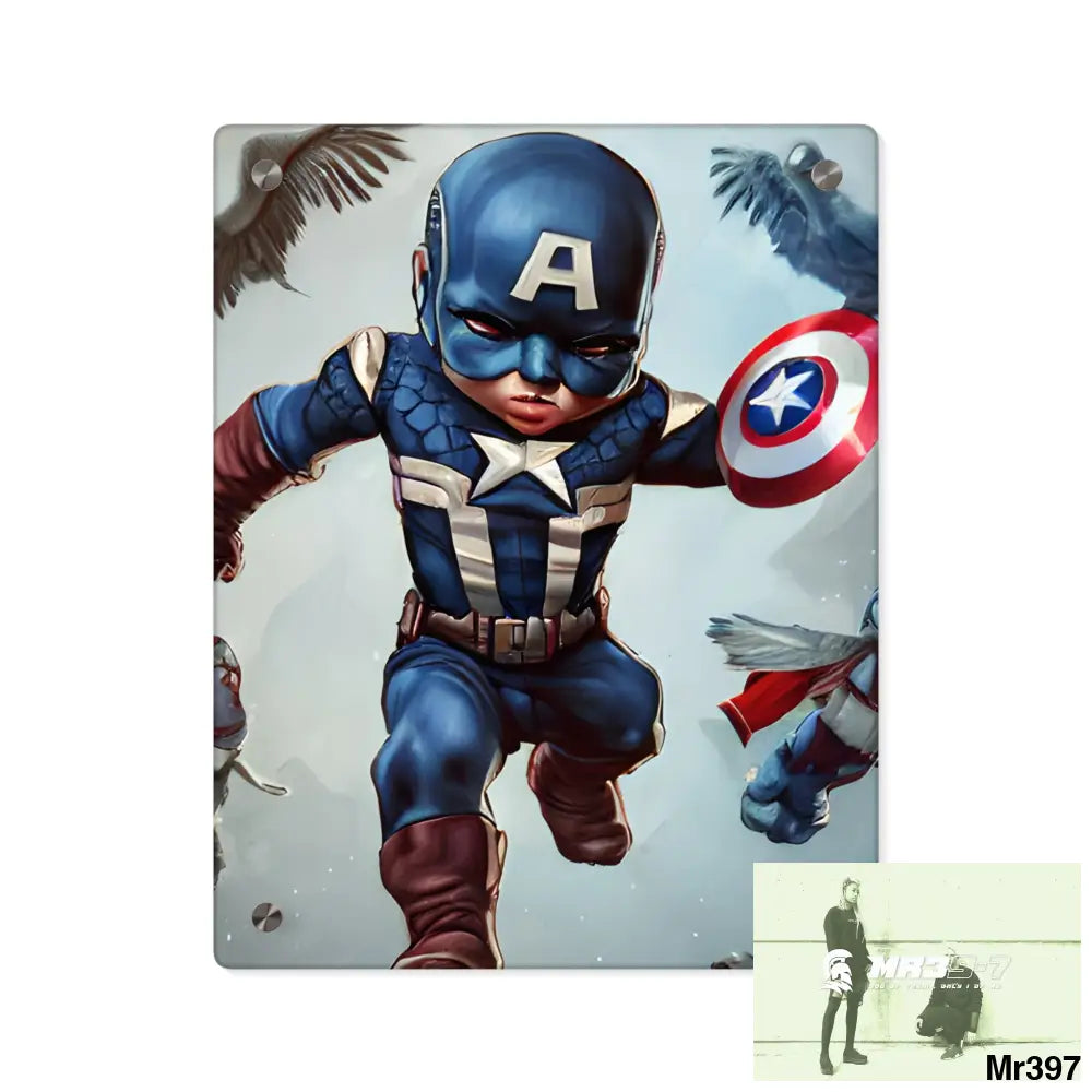 Cute Adorable Super Hero Baby Captain America Symmetrical Hyper Detailed Acrylic Wall Art Panels 11″ x 14″ (Vertical)