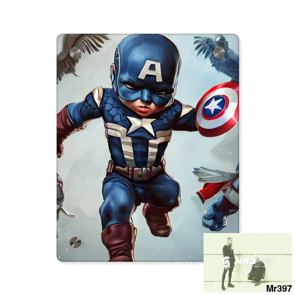 Cute Adorable Super Hero Baby Captain America Symmetrical Hyper Detailed Acrylic Wall Art Panels 8″ x 10″ (Vertical)