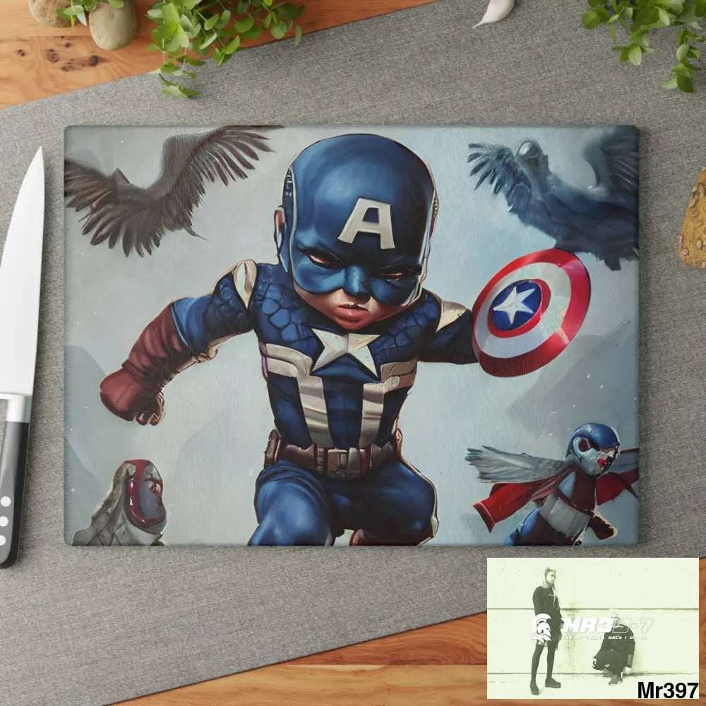 Cute Adorable Super Hero Baby Captain America Symmetrical Hyper Realistic Cutting Board Home Decor